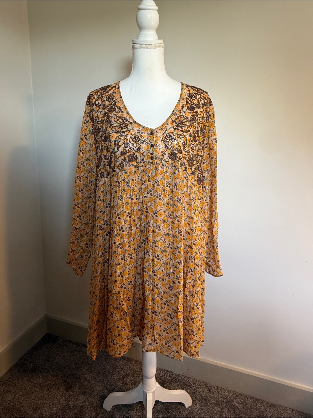 Zara Yellow Floral Boho Babydoll Mini Dress Size Large Large Long Sleeve